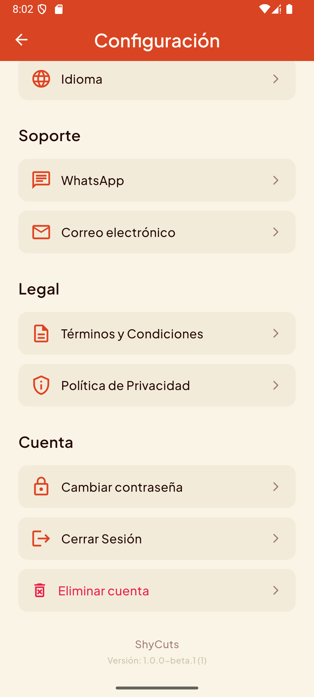 Pantalla de configuración con la sección Cuenta
