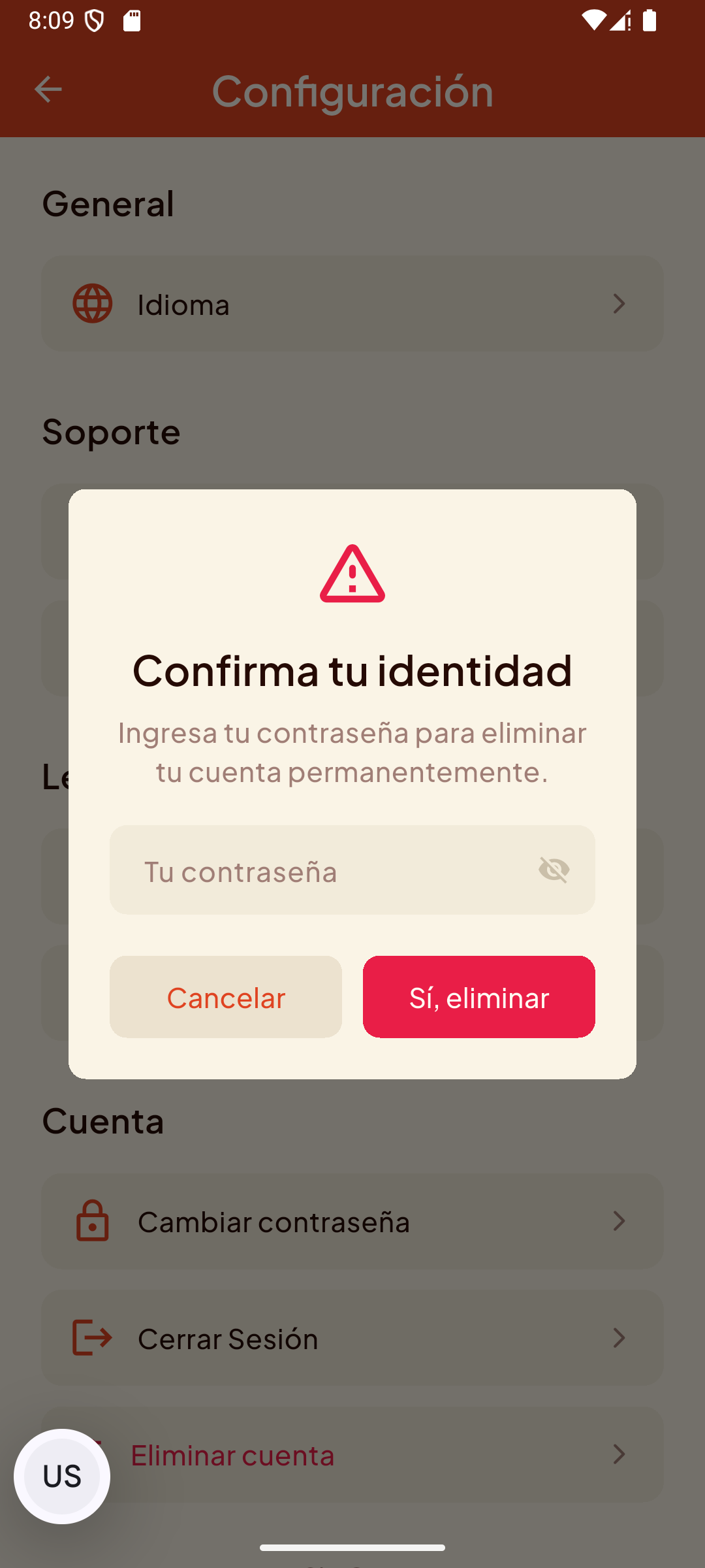 Modal de confirmación de identidad